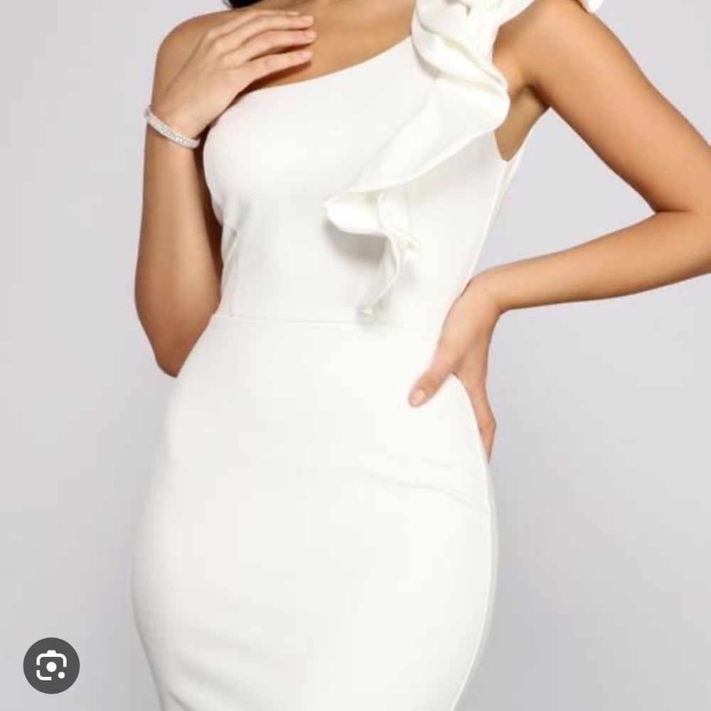 Windsor One-Shoulder White Ruffled Prom Gown - Picture 4 of 8